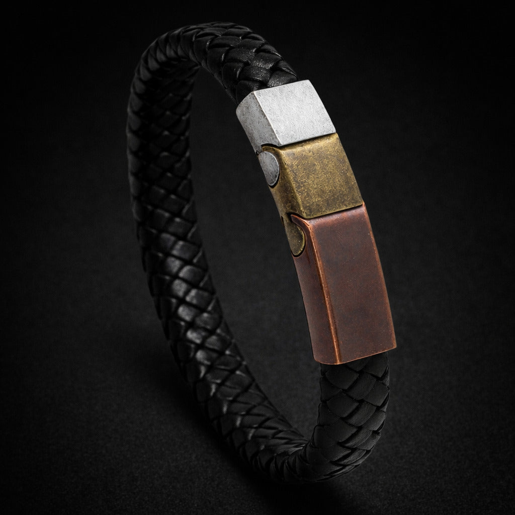 Vintage Stainless Steel Leather Woven Bracelet