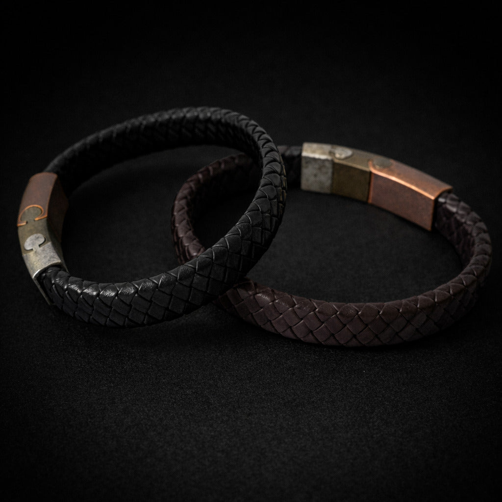 Vintage Stainless Steel Leather Woven Bracelet