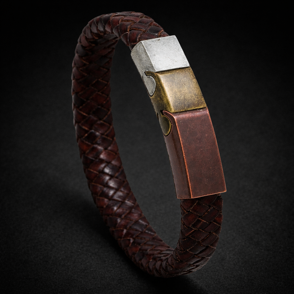 Vintage Stainless Steel Leather Woven Bracelet
