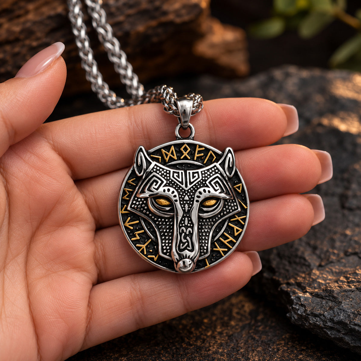 Viking Wolf Rune Necklace | Stainless Steel Norse Pendant