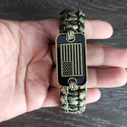 Survival Paracord Bracelet for Men - Woven Bracelet with Camouflage and United States Flag Decorations in Bronze