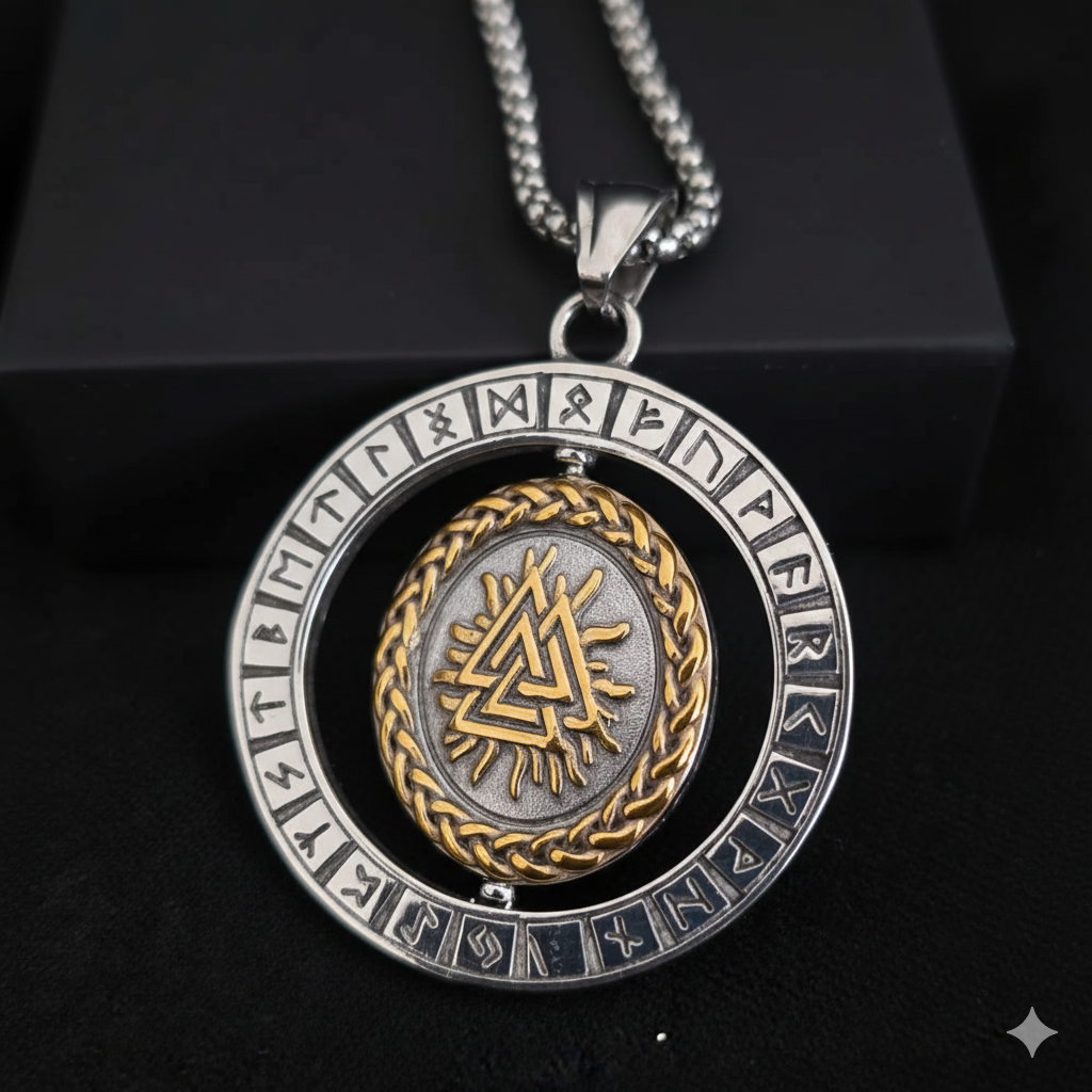 Viking Rotating Compass Necklace – Norse Runes Odin Amulet for Men