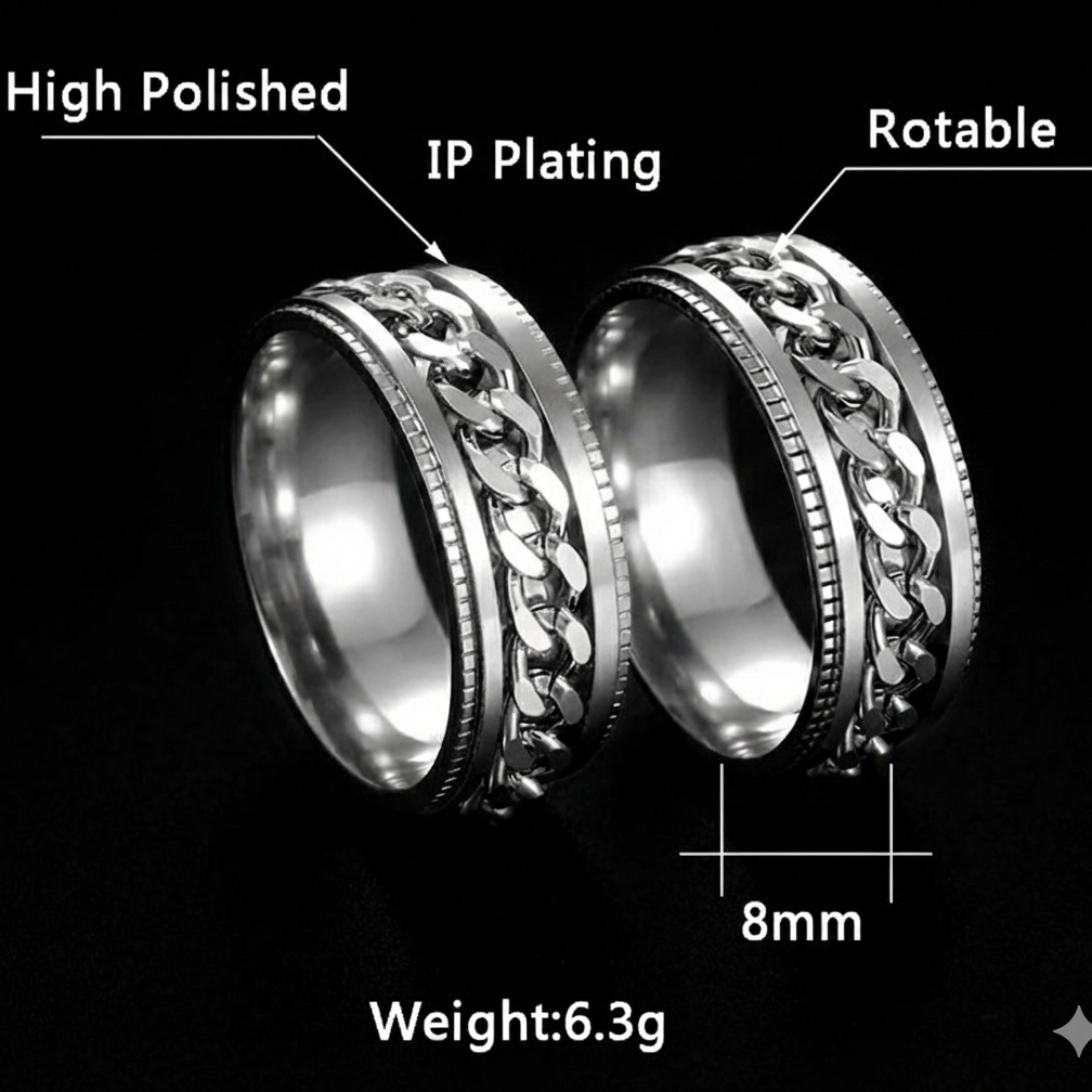 Men's Cuban Chain Spinner Ring, 8mm Stainless Steel Wedding Band