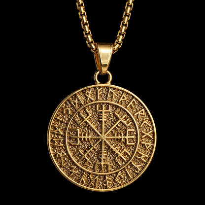 Gold Vegvisir Necklace for Men – Viking Compass with Runes