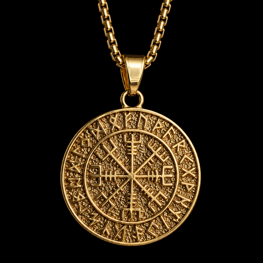 Gold Vegvisir Necklace for Men – Viking Compass with Runes