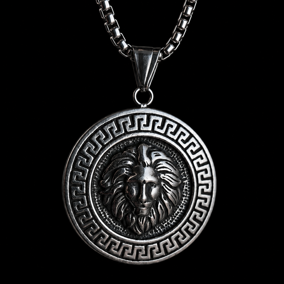 Lion Head Necklace for Men – Greek Key Power Pendant | Stainless Steel