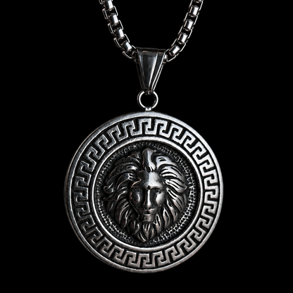 Lion Head Necklace for Men – Greek Key Power Pendant | Stainless Steel