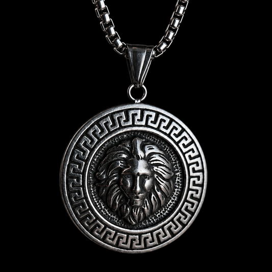Lion Head Necklace for Men – Greek Key Power Pendant | Stainless Steel