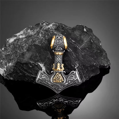 Viking Necklace with Thor's Hammer and Crown, Norse Runes, Valknut Amulet for Men, Vintage-Style Stainless Steel Pendant.