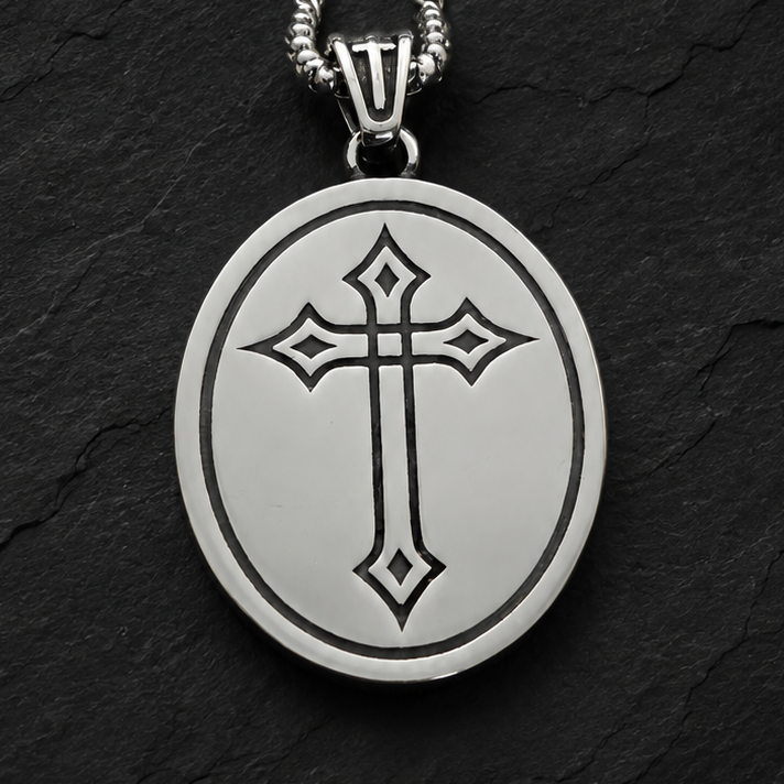 Sacred Heart of Jesus Necklace · Reversible Medallion with Gothic Cross in Stainless Steel