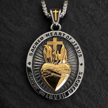 Sacred Heart of Jesus Necklace · Reversible Medallion with Gothic Cross in Stainless Steel