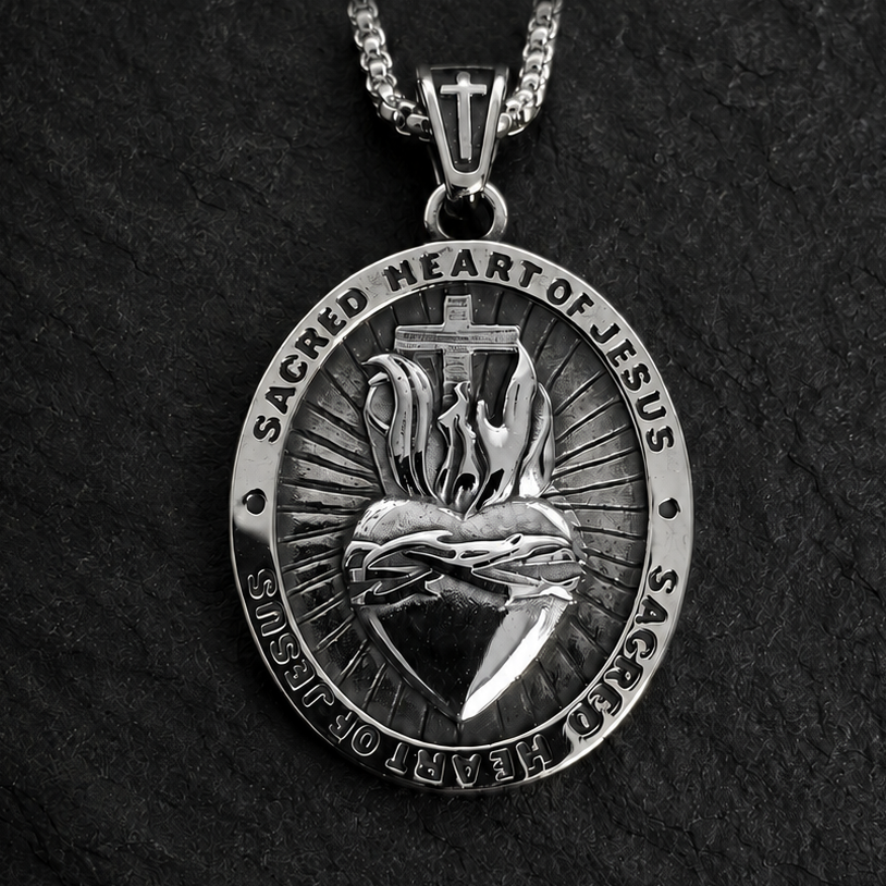 Sacred Heart of Jesus Necklace · Reversible Medallion with Gothic Cross in Stainless Steel
