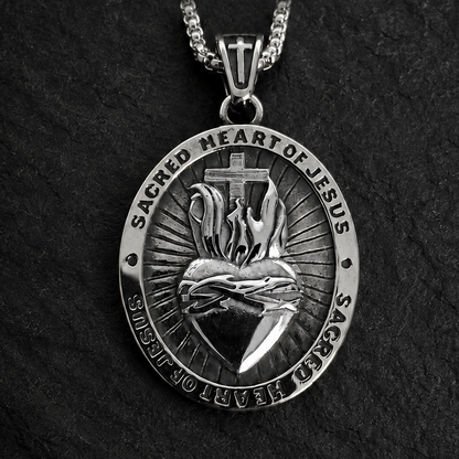 Sacred Heart of Jesus Necklace · Reversible Medallion with Gothic Cross in Stainless Steel