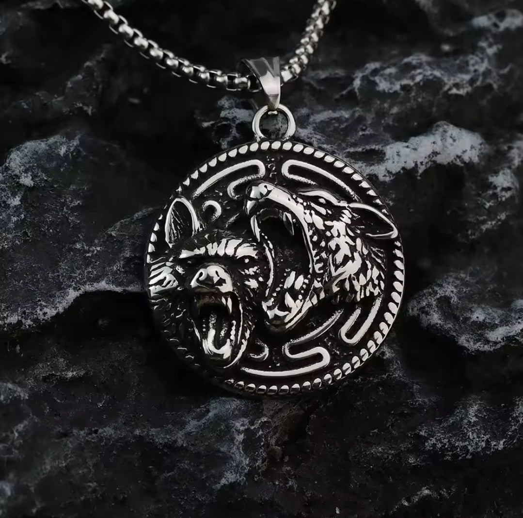 Double-Sided Necklace: Viking Wolf Strength and Rune Symbol of Power