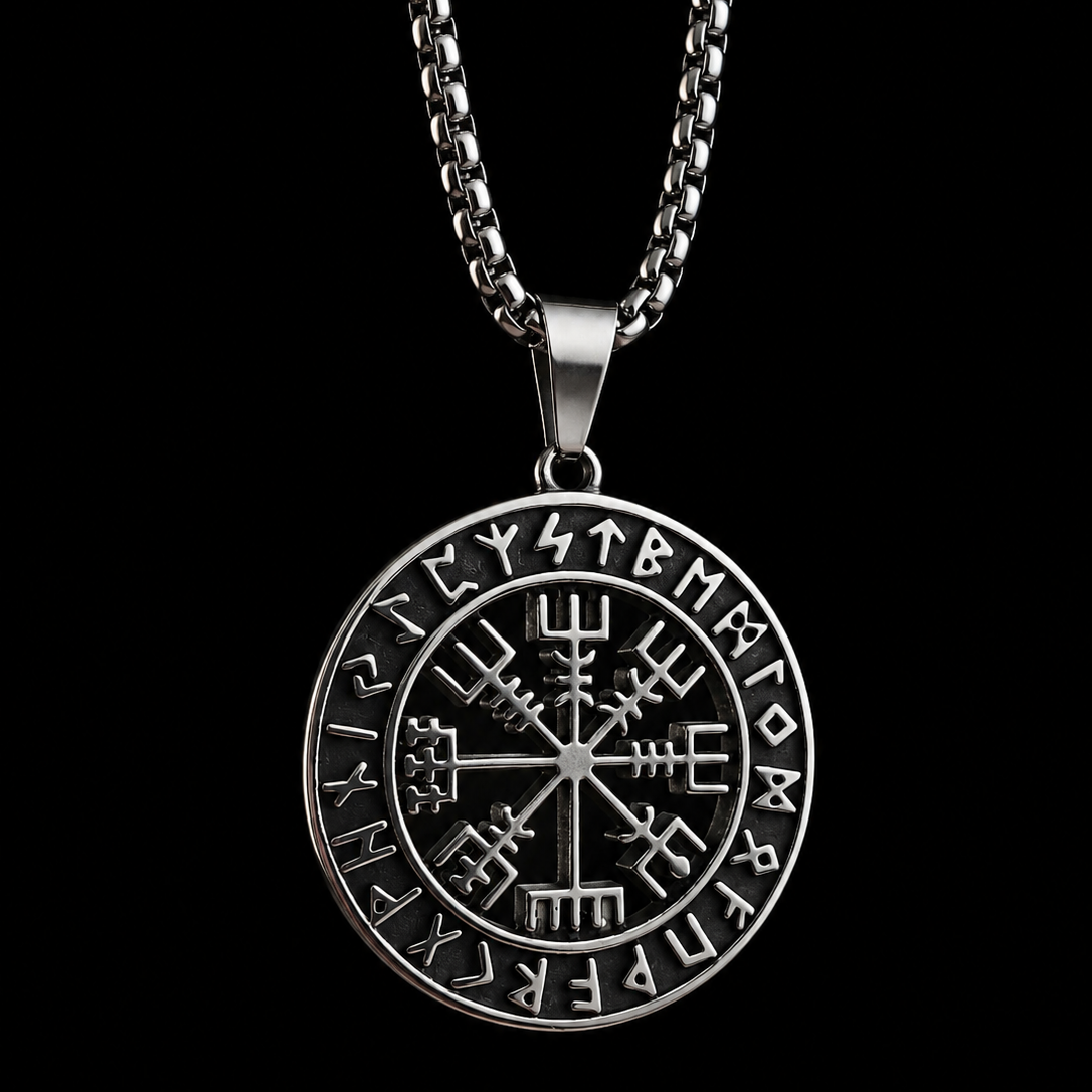 Vegvisir Viking Compass Necklace for Men – Norse Runes Stainless Steel Pendant