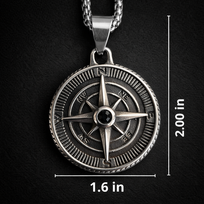 Vintage Compass Necklace for Men with Black Stone – Explorer Pendant | Stainless Steel