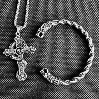 Wolf and cross bracelet and necklace set.