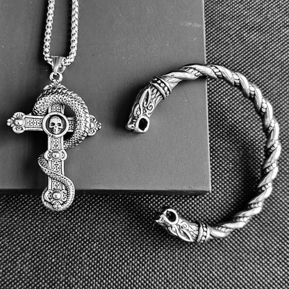 Wolf and cross bracelet and necklace set.