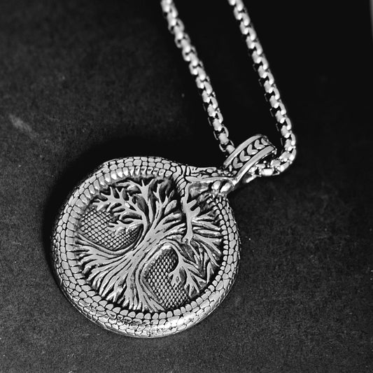 Tree of Life Pendant Necklace with Vegvísir Rune - Retro Punk Style for Men