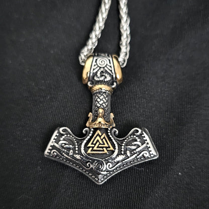 Viking Necklace with Thor's Hammer and Crown, Norse Runes, Valknut Amulet for Men, Vintage-Style Stainless Steel Pendant.