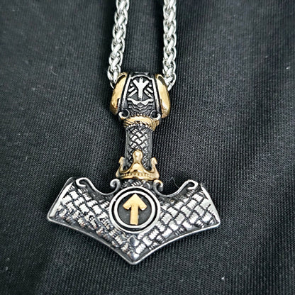 Viking Necklace with Thor's Hammer and Crown, Norse Runes, Valknut Amulet for Men, Vintage-Style Stainless Steel Pendant.