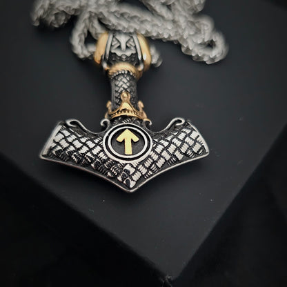 Viking Necklace with Thor's Hammer and Crown, Norse Runes, Valknut Amulet for Men, Vintage-Style Stainless Steel Pendant.