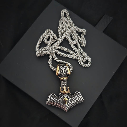 Viking Necklace with Thor's Hammer and Crown, Norse Runes, Valknut Amulet for Men, Vintage-Style Stainless Steel Pendant.