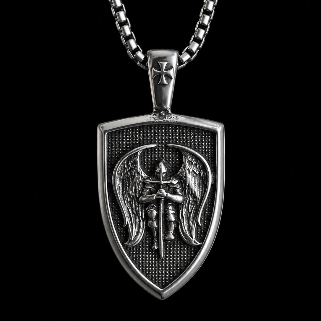 Archangel Michael Necklace for Men – Sword & Wings Shield Pendant | Stainless Steel