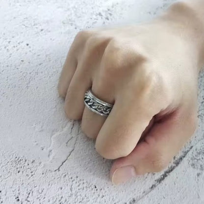 Men's Cuban Chain Spinner Ring, 8mm Stainless Steel Wedding Band