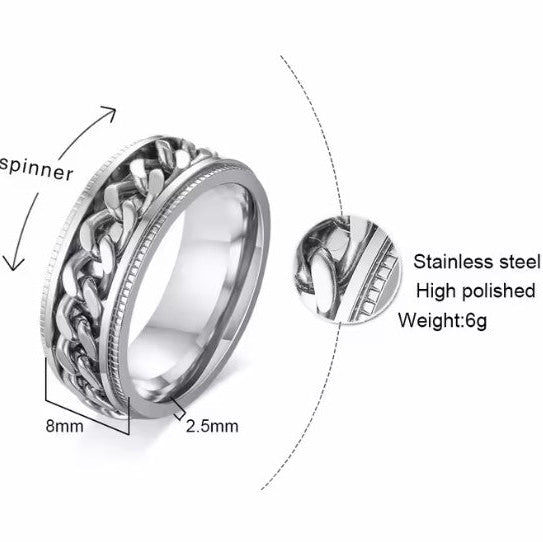 Men's Cuban Chain Spinner Ring, 8mm Stainless Steel Wedding Band