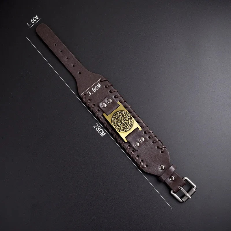 Viking Leather Bracelet for Men with Vegvisir Symbol – Wide Adjustable Nordic Style Wristband