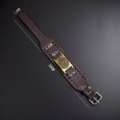 Viking Leather Bracelet for Men with Vegvisir Symbol – Wide Adjustable Nordic Style Wristband