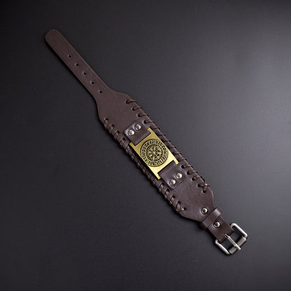 Viking Leather Bracelet for Men with Vegvisir Symbol – Wide Adjustable Nordic Style Wristband