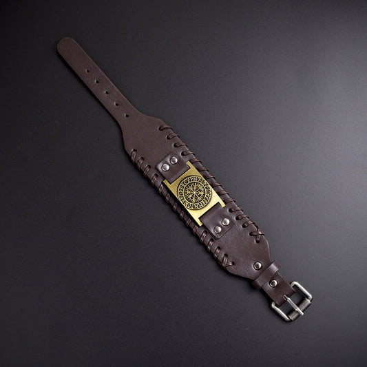 Viking Leather Bracelet for Men with Vegvisir Symbol – Wide Adjustable Nordic Style Wristband