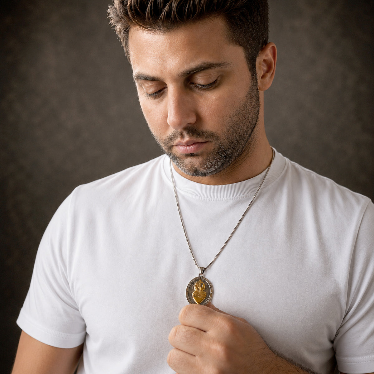 Sacred Heart of Jesus Necklace · Reversible Medallion with Gothic Cross in Stainless Steel