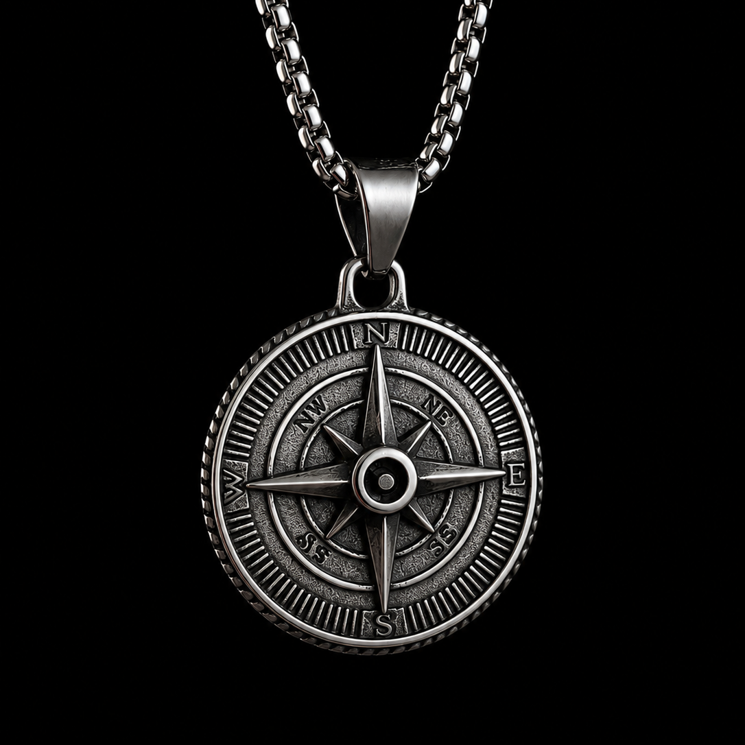 Vintage Compass Necklace for Men with Black Stone – Explorer Pendant | Stainless Steel