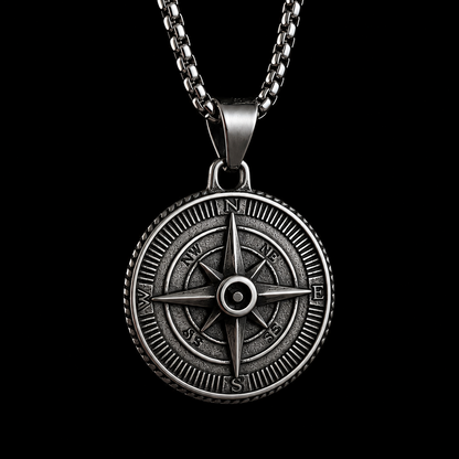 Vintage Compass Necklace for Men with Black Stone – Explorer Pendant | Stainless Steel