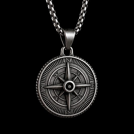 Vintage Compass Necklace for Men with Black Stone – Explorer Pendant | Stainless Steel