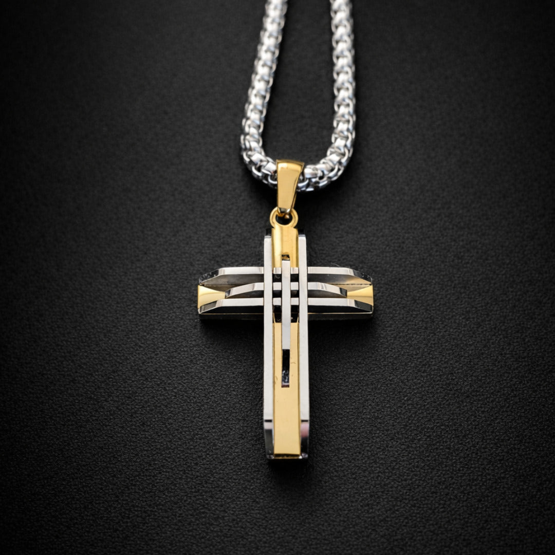 Stainless steel cross necklace in silver and gold with 28 inch chain modern men’s jewelry