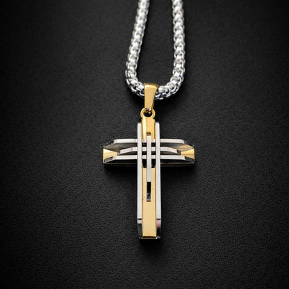 Stainless steel cross necklace in silver and gold with 28 inch chain modern men’s jewelry