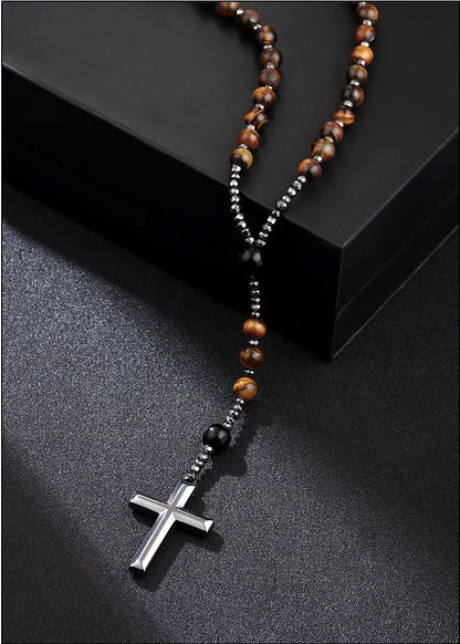 Volcanic Stone Rosary with Shiny Black Beads and Tiger’s Eye