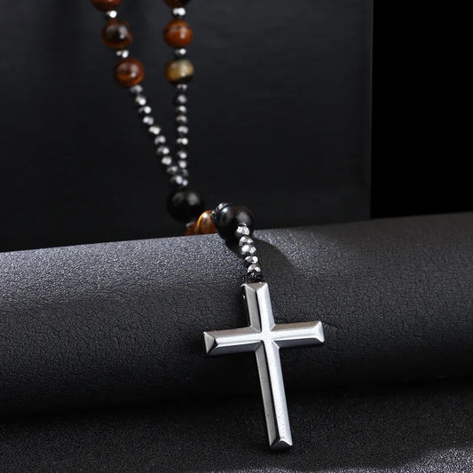 Volcanic Stone Rosary with Shiny Black Beads and Tiger’s Eye