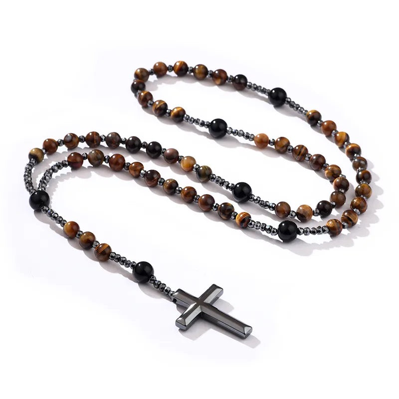 Volcanic Stone Rosary with Shiny Black Beads and Tiger’s Eye