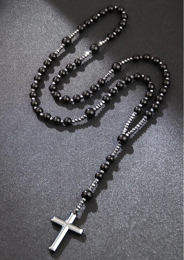 Volcanic Stone Rosary with Shiny Black Beads and Tiger’s Eye