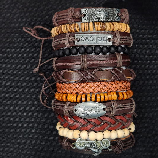 New retro woven leather wooden bead bracelet set