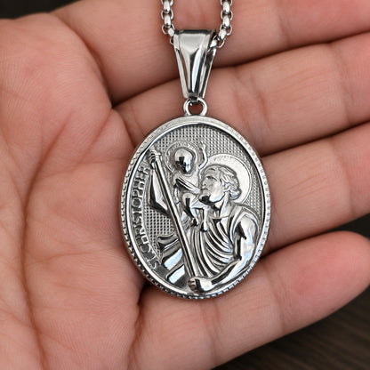 St. Christopher Necklace for Men – Stainless Steel Religious Medal Pendant
