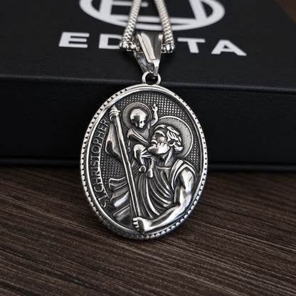 St. Christopher Necklace for Men – Stainless Steel Religious Medal Pendant