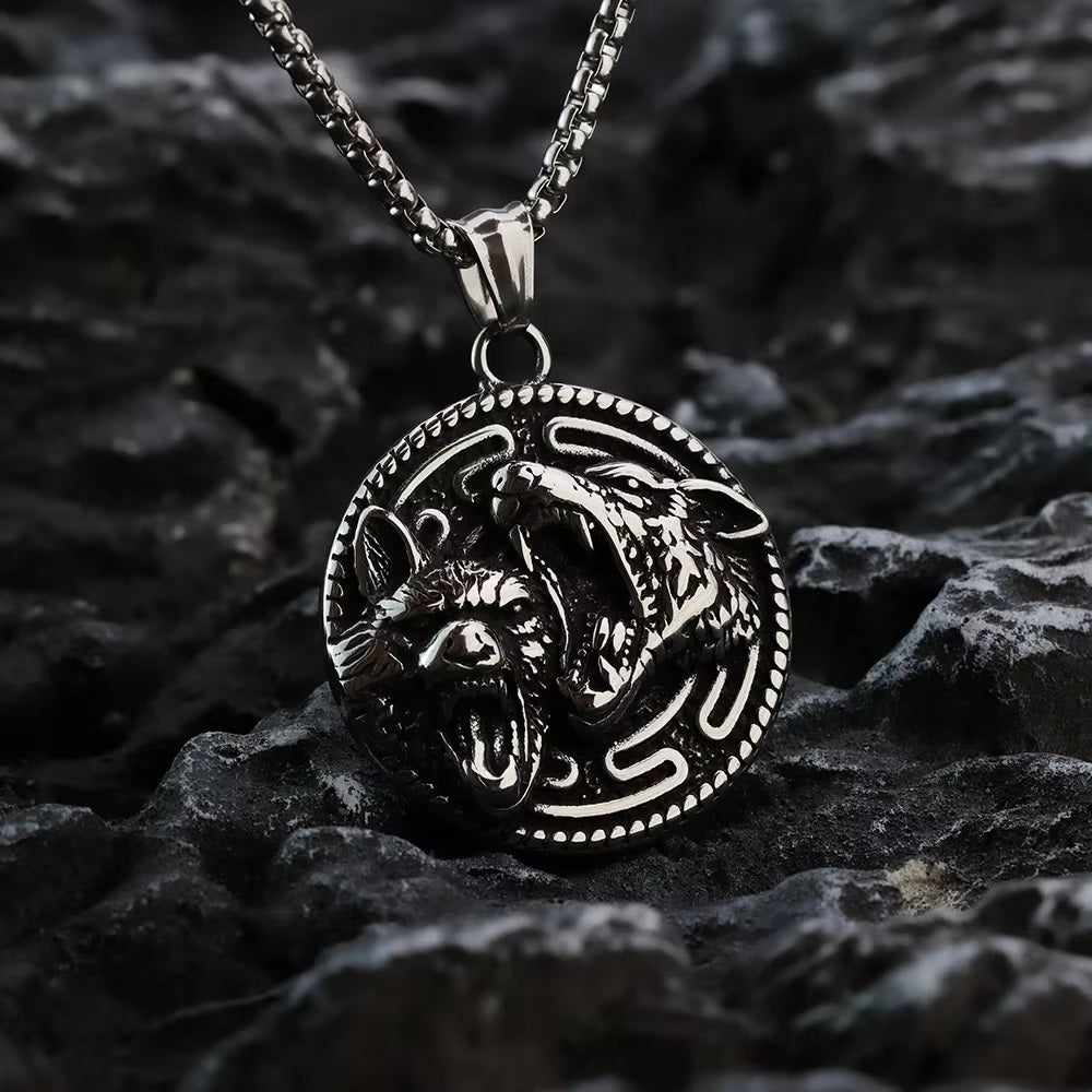 Double-Sided Necklace: Viking Wolf Strength and Rune Symbol of Power