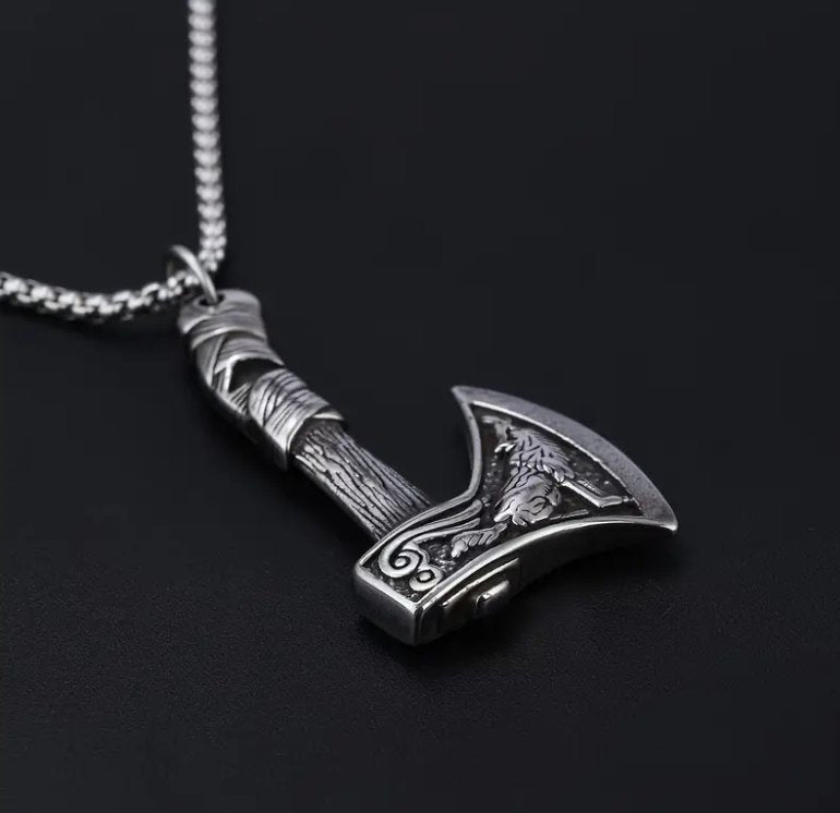 Men's Vintage Viking Celtic Wolf Double Sided Ax Pendant Necklace - Ed&Ta