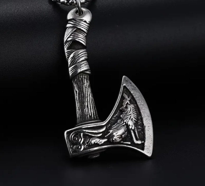 Men's Vintage Viking Celtic Wolf Double Sided Ax Pendant Necklace - Ed&Ta